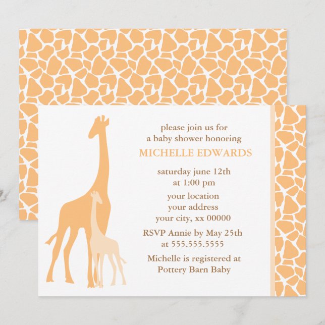 Orange Mama-und Baby-Giraffen-Baby-Dusche Einladung (Vorne/Hinten)