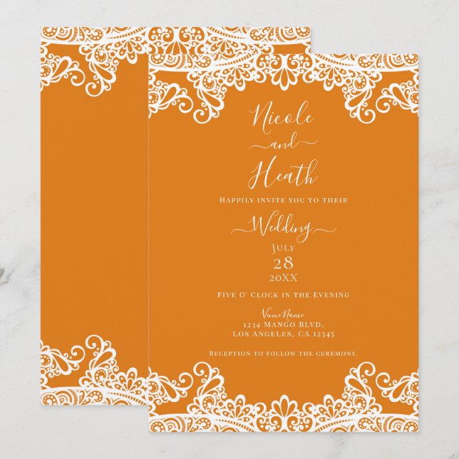 Orange Mango & White Lace Elegante Hochzeit Einladung (Vorne/Hinten)