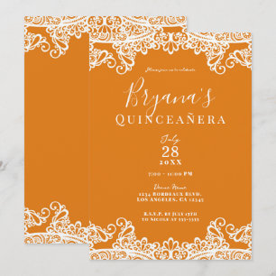 Orange Mango & White Lace Elegante Quinceañera Einladung