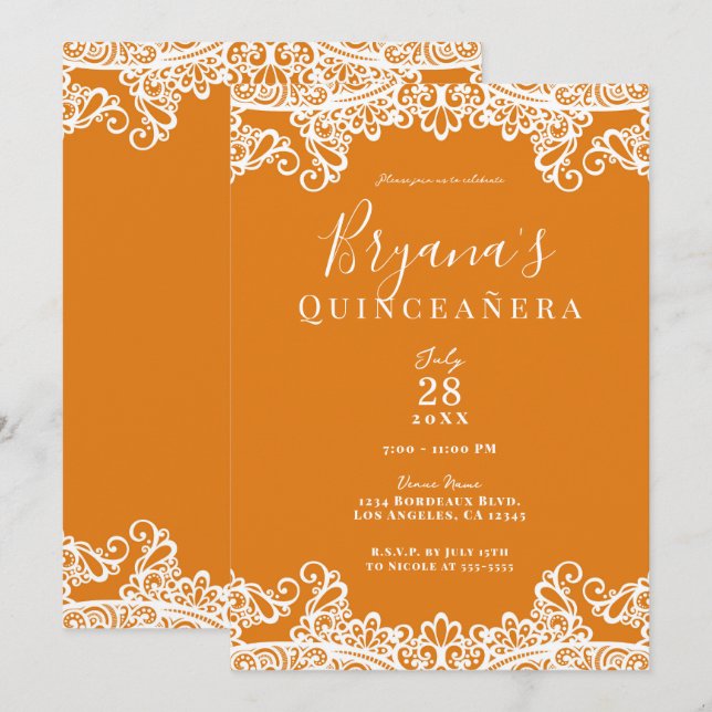 Orange Mango & White Lace Elegante Quinceñera Einladung (Vorne/Hinten)