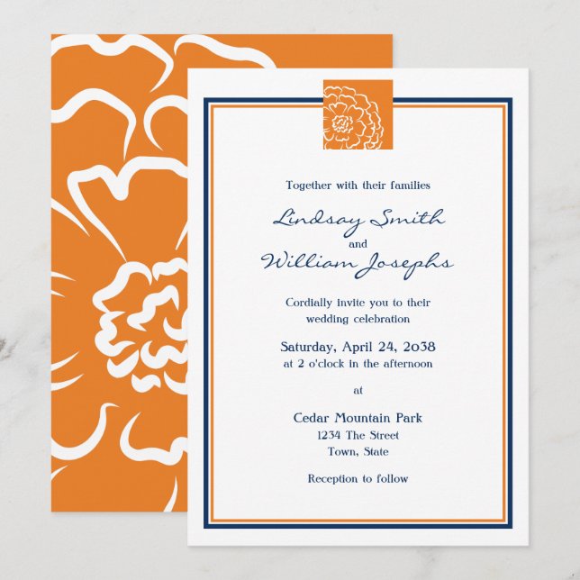 Orange Marigold Blume Floral and Blue Wedding Einladung (Vorne/Hinten)