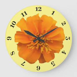 Orange Marigold on Yellow Background Große Wanduhr