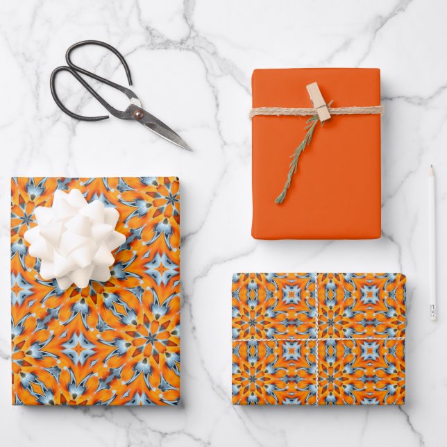 Orange, Marigold, Silver & Platinum Burst Muster Geschenkpapier Set (Vorderseite)