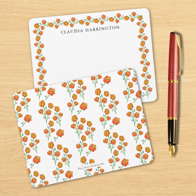 Orange Marigolds Hand-Illustrierte florale botanis Mitteilungskarte (The reverse of the card is my handcrafted marigold pattern. These cards are perfect for quick notes.)