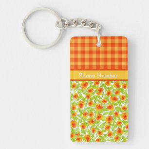 Orange Marigolds und Karo Gingham Oblong Schlüssel Schlüsselanhänger