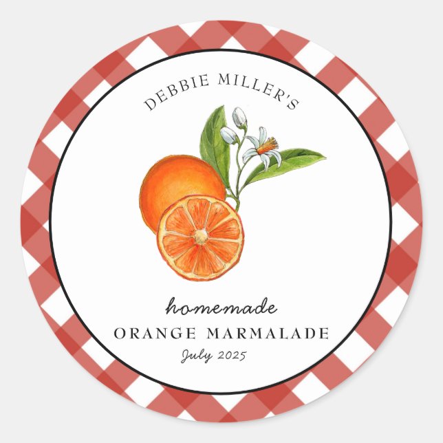 Orange Marmalade Kariert Round Jam Runder Aufkleber (Vorderseite)