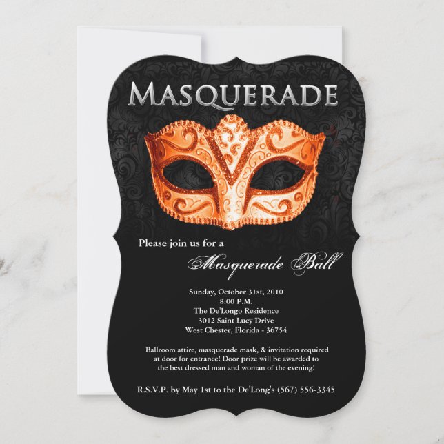Orange Masquerade Ball Maske Kostüm Halloween Teil Einladung (Vorderseite)