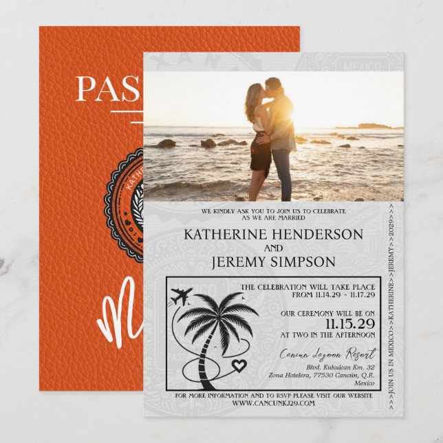 Orange Mexico Passport Wedding Einladung (Vorne/Hinten)