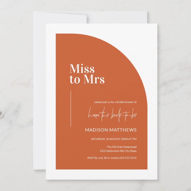 Orange Minimal Half Arch Miss an Mrs. Brautparty Einladung (Vorderseite)