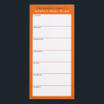 Orange Minimalistische einfache Familienmahlplanun Magnetischer Notizblock<br><div class="desc">Schreiben Sie Ihre Abendessen auf diesem Magnettafel, damit Sie die wöchentlichen Mahlzeiten ganz einfach planen und auf Ihren Kühlschrank, Ihre Pantry-Tür oder Ihr Kommandozentrum legen können. Die schlichte, moderne Gestaltung in saftig orange, schwarz und weiß mit serifenlosen Schriftart wird jeden visuell organisierten Feinschmecker ansprechen. Personalisieren Sie den Namenstext an der...</div>