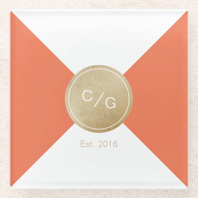 Orange-minimalistische moderne Hochzeitsmonogramm Glasuntersetzer (Vorderseite)