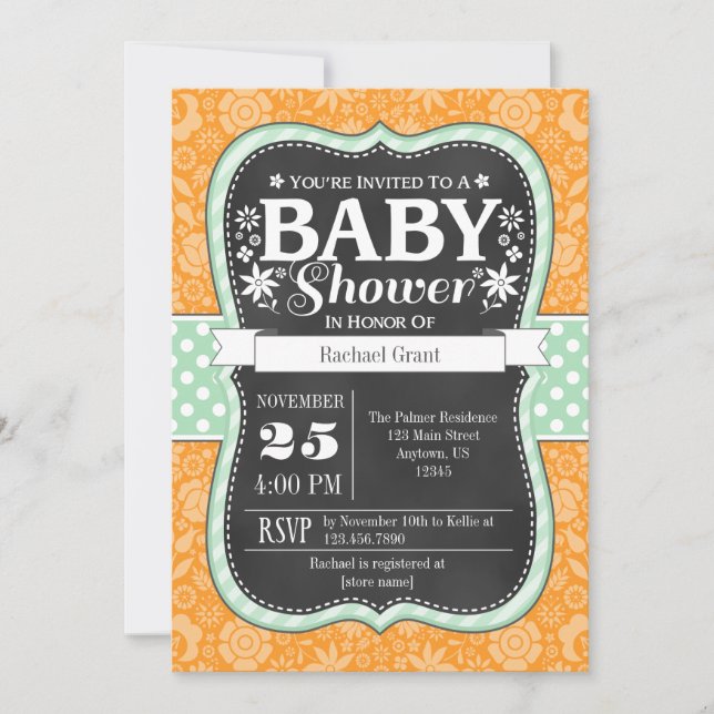 Orange Mint Chalkboard Floral Baby Dusche einladen Einladung (Vorderseite)