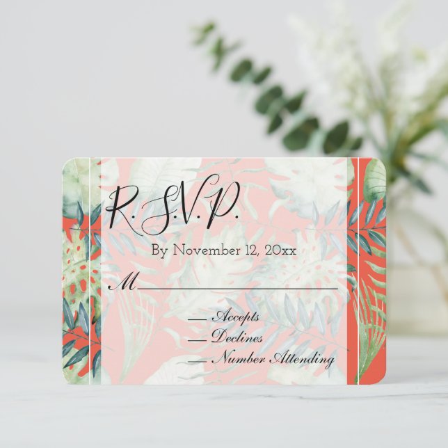 Orange Mint Tropical Green Blätter Wedding RSVP Begleitkarte (Stehend Vorderseite)
