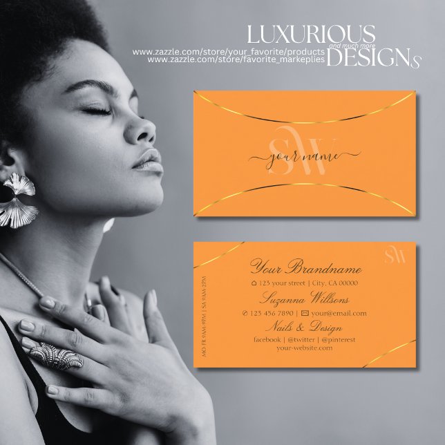 Orange mit goldfarbenen Grenzen und Monogramm mode Visitenkarte (Von Creator hochgeladen)