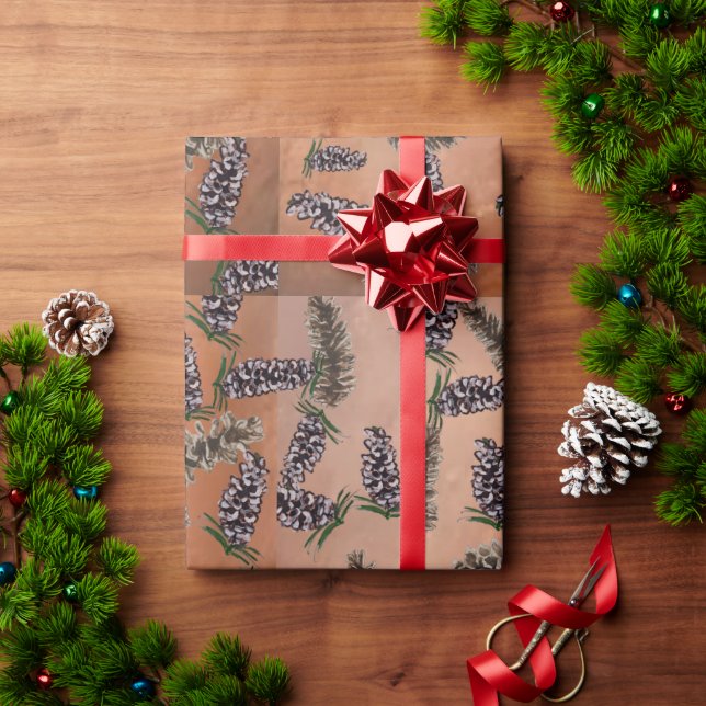 Orange mit Kiefernzapfen Geschenkpapier (Feiertagsgeschenk)