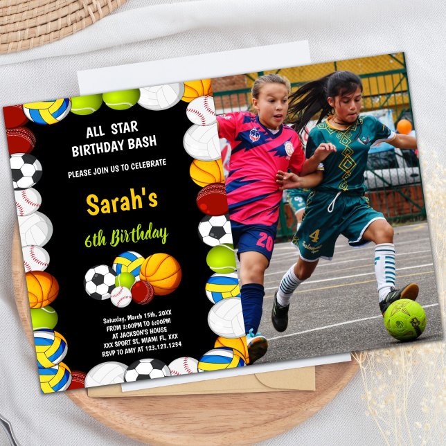 Orange mit schwarzen Sport Geburtstag Einladungen  (Orange with black Sports Birthday Invitations phot)