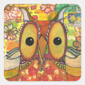 Orange Mixed Media Owl Quadratischer Aufkleber