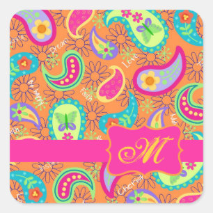 Orange Modern Paisley Whimsy-Muster Quadratischer Aufkleber