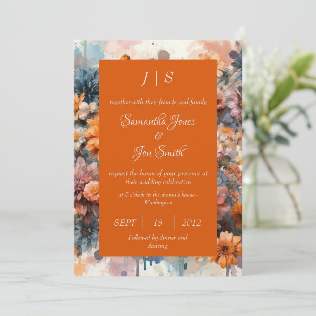 orange Moderne Blumenhochzeit Einladung (Stehend Vorderseite)