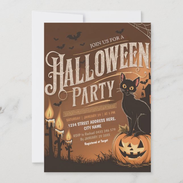 Orange Modernes Black Cat Halloween-Party Einladun Einladung (Vorderseite)