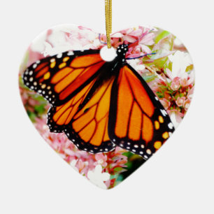 Orange Monarch auf rosa Blumen Keramik Ornament
