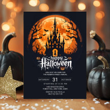 Orange Mond Schloss Halloween-Party-Einladung