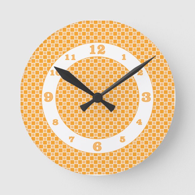 Orange monochromatische Karo Runde Wanduhr (Vorderseite)