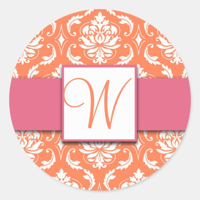 Orange Monogram Damask Pink Wedding Stickers (Vorderseite)