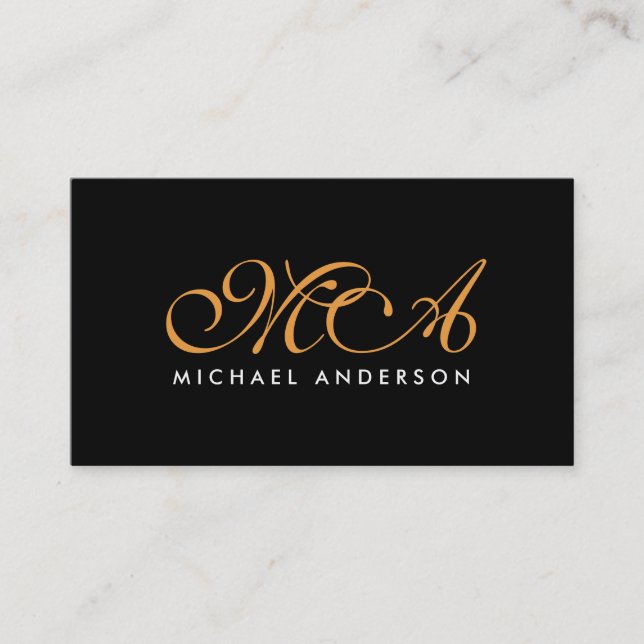 Orange Monogram Elegant Script Black Background Visitenkarte (Vorderseite)