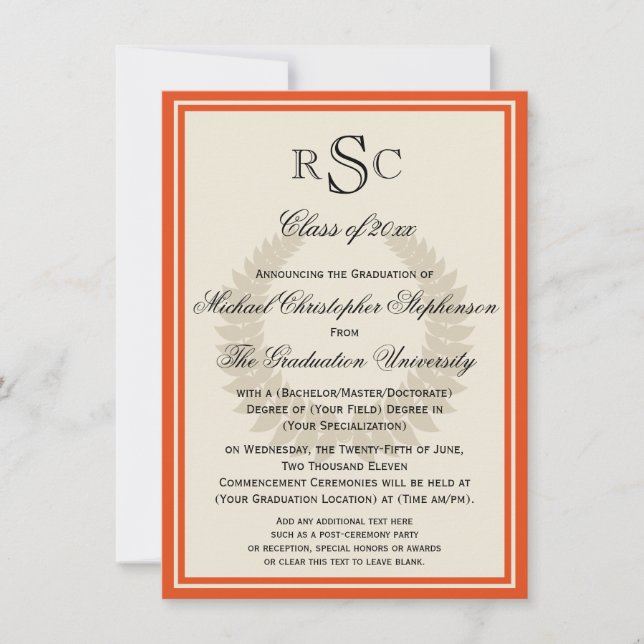 Orange Monogram Laurel Classic Uni-Abschluss Einladung (Vorderseite)