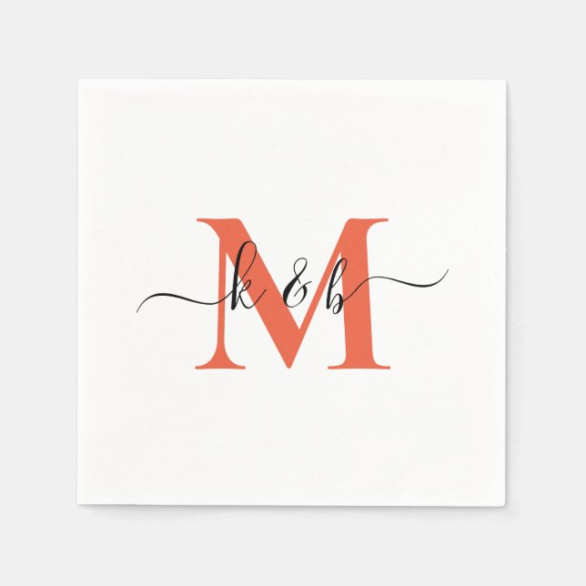 Orange Monogram Swash Script White Cocktail Serviette (Vorderseite)