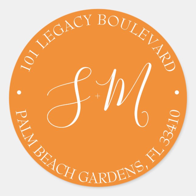 Orange Monogram Wedding Rücksendeadresse Runder Aufkleber (Vorderseite)