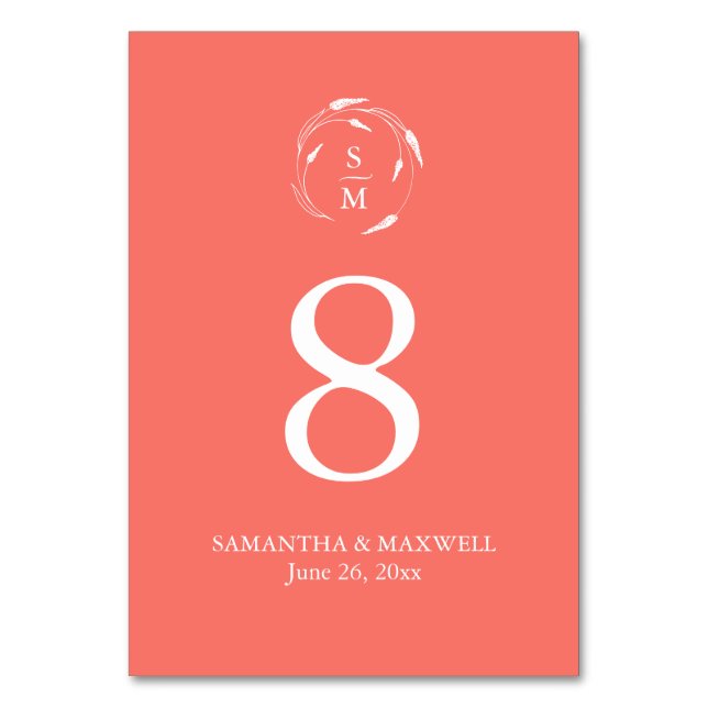 Orange Monogram Wedding Tischnummer Card (Vorderseite)
