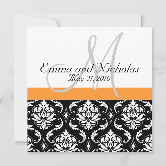 Orange Monogramm Damask Hochzeitseinladung Einladung (Vorderseite)