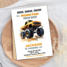 Orange Monster Truck Birthday Einladungen