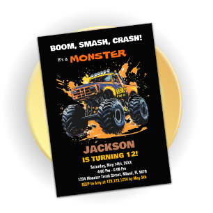 Orange Monster Truck Birthday Einladungen Schwarz