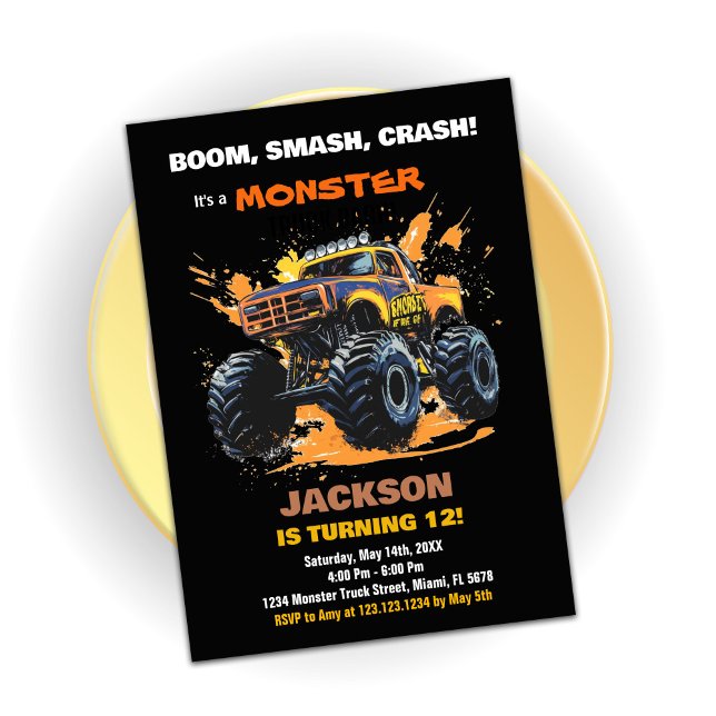 Orange Monster Truck Birthday Einladungen Schwarz (Orange Monster Truck Birthday Invitations Black)