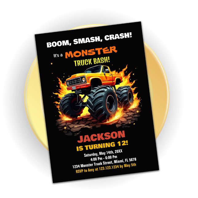 Orange Monster Truck Birthday Einladungen Schwarz (Orange Monster Truck Birthday Invitations Black)