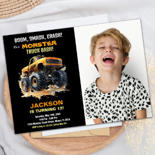 Orange Monster Truck Birthday Invitations Foto Einladung