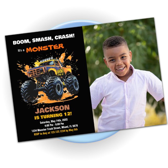 Orange Monster Truck Birthday Invitations Foto Einladung (Orange Monster Truck Birthday Invitations photo)