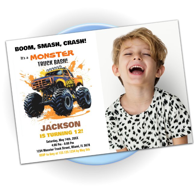 Orange Monster Truck Birthday Invitations Foto Einladung (Orange Monster Truck Birthday Invitations Photo)