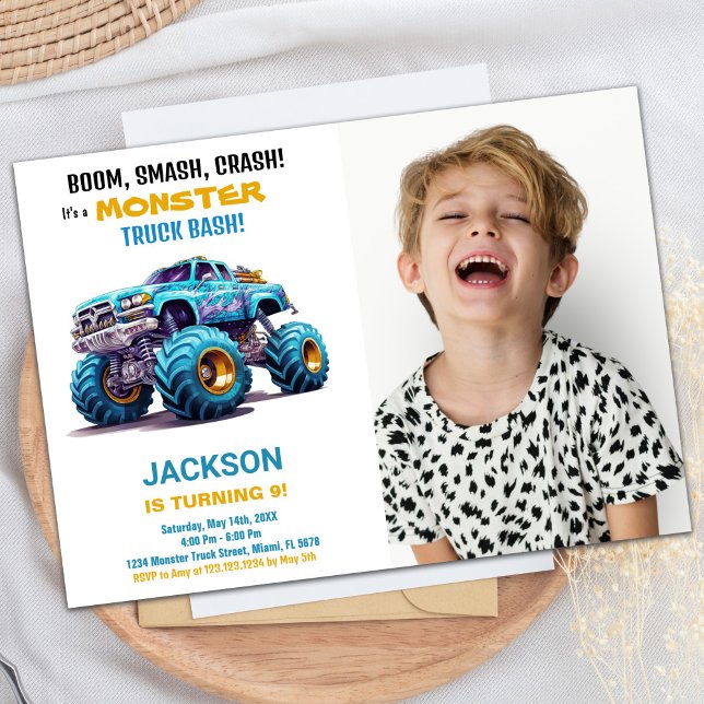 Orange Monster Truck Birthday Invitations Foto Einladung (Orange Monster Truck Birthday Invitations Photo)