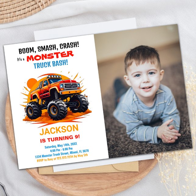 Orange Monster Truck Birthday Invitations Foto Einladung (Orange Monster Truck Birthday Invitations Photo)