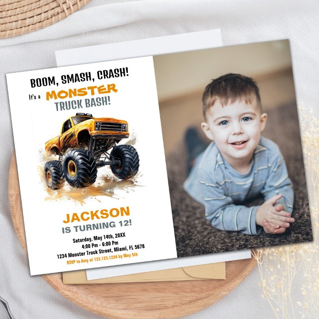 Orange Monster Truck Invitations Anniversaire Phot (Orange Monster Truck Birthday Invitations Photo)