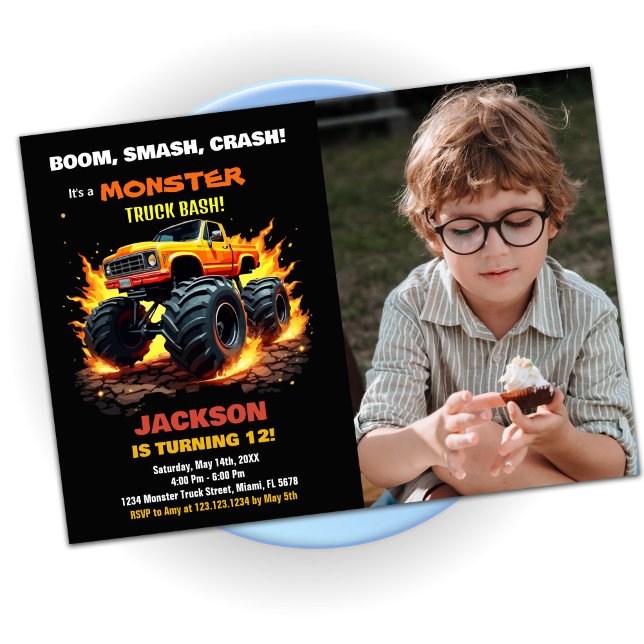 Orange Monster Truck Invitations Anniversaire Phot (Orange Monster Truck Birthday Invitations Photo)