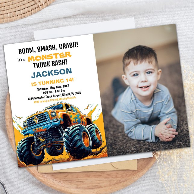 Orange Monster Truck Invitations Anniversaire Phot (Orange Monster Truck Birthday Invitations Photo)
