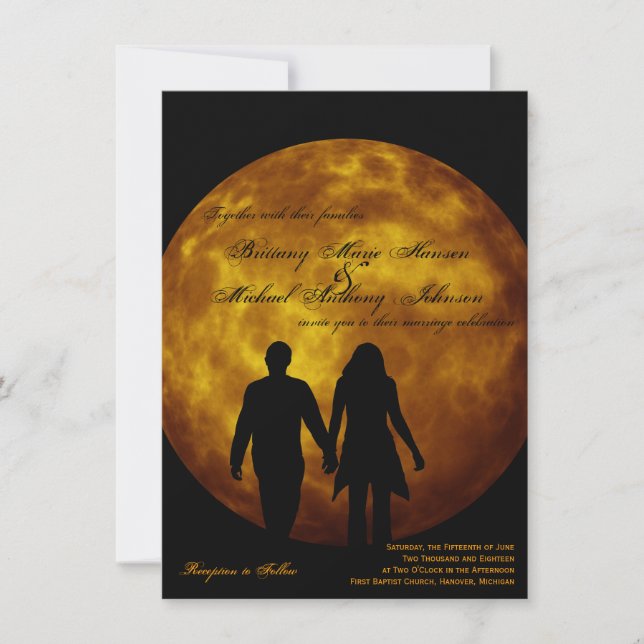 Orange Moon Silhouette Paare Hochzeit Einladungen (Vorderseite)