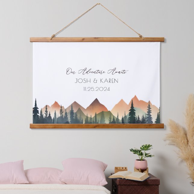 Orange Mountain Alternative Wedding Guest Book Wandteppich Mit Holzrahmen (Schlafzimmer)