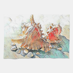 Orange Muscheln auf Strand Aquarellmalerei  Geschirrtuch
