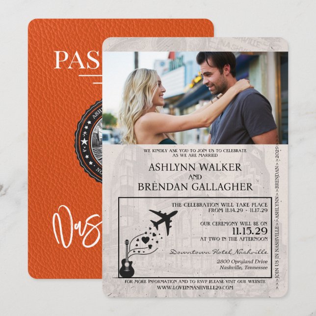 Orange Nashville Passport Wedding Einladung (Vorne/Hinten)